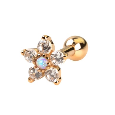 Barra per orecchio in oro 14K con fiore e pietra opale