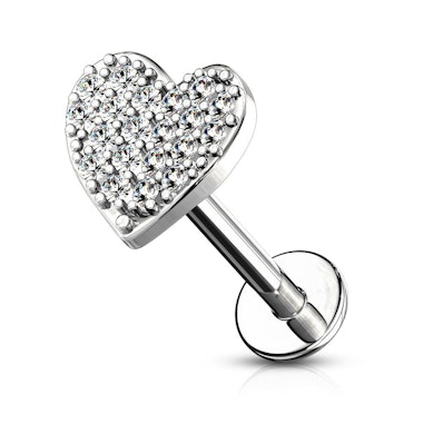 Labret con filettatura interna e cuore tempestato di pietre