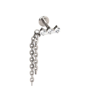 Labret in titanio con trio di pietre e doppia catenella pendente