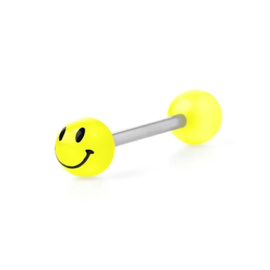 Piercing alla lingua con sfere fluo decorate con smiley