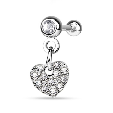 Piercing all'orecchio con pendente a cuore ricoperto di pietre