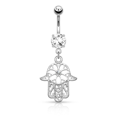 Piercing all'ombelico con pendente a hamsa e pietra