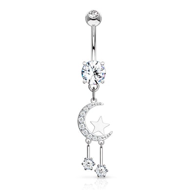 Piercing all'ombelico con pendente con mezzaluna e stelle