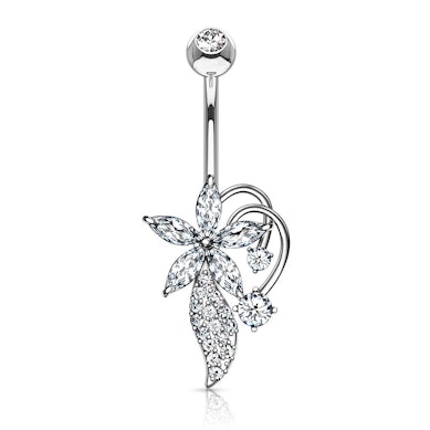 Piercing all'ombelico con fiore tempestato di pietre taglio marquise