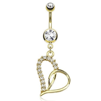 Piercing per l'ombelico placcato d'oro con pendente a forma di cuore con pietre trasparente