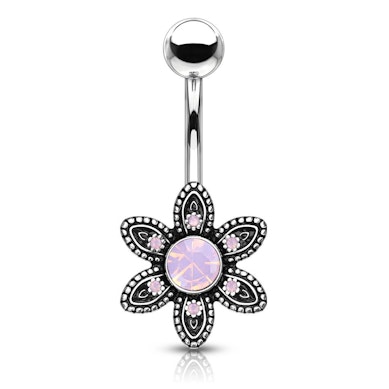 Piercing all'ombelico con fiore e pietre opali rotonde