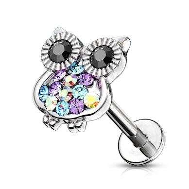 Labret con gufo tempestato di pietre e filettatura interna