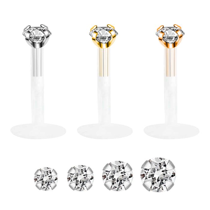 Labret d'oro 14 carati con pietra rotonda e barra di ptfe