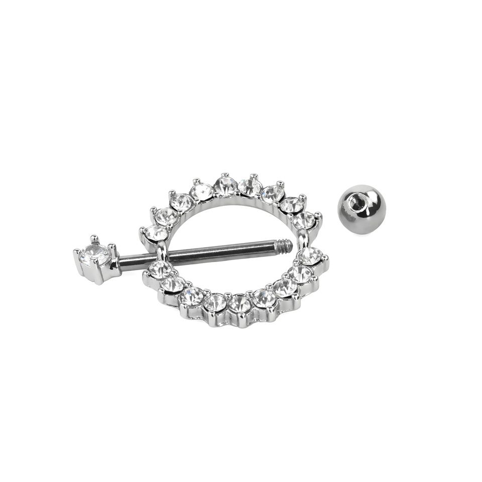 Piercing al capezzolo con scudo tondo e pietre trasparenti