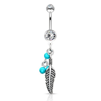 Piercing all'ombelico con sfere turquoise e pendente a foglia