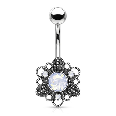 Piercing all'ombelico con fiore ossidato e opalite