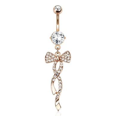 Piercing all'ombelico placcato d'oro rosso con fiocco e pietra