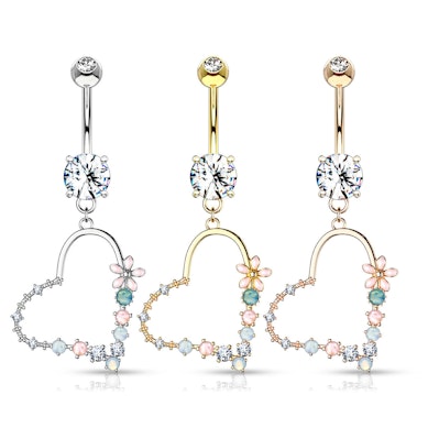 Piercing all'ombelico con cuore decorato con fiori e pietra opalite.