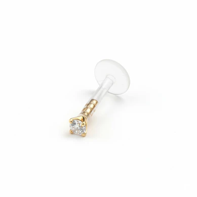 Labret d'oro 14 carati con pietra rotonda e barra di ptfe