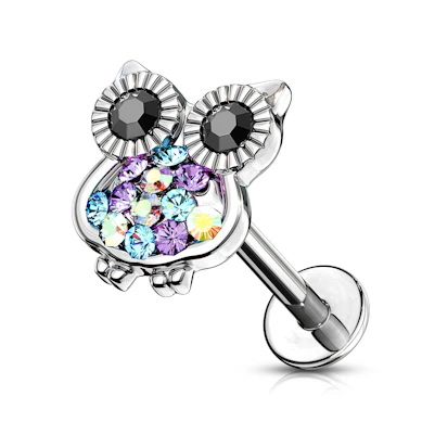 Labret con gufo tempestato di pietre e filettatura interna