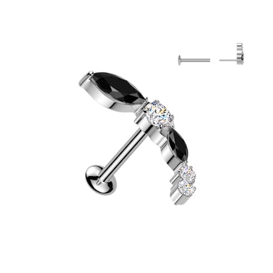 Labret curvo con pietre nere e trasparenti