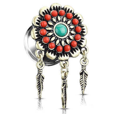 Plug con fiore e piume pendenti