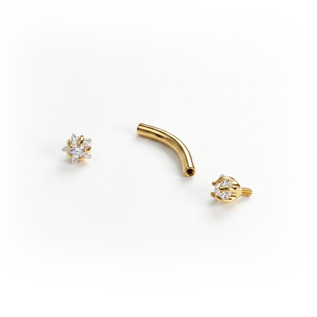 Barra curva in titanio con pietre di zirconia cubica a forma di stella