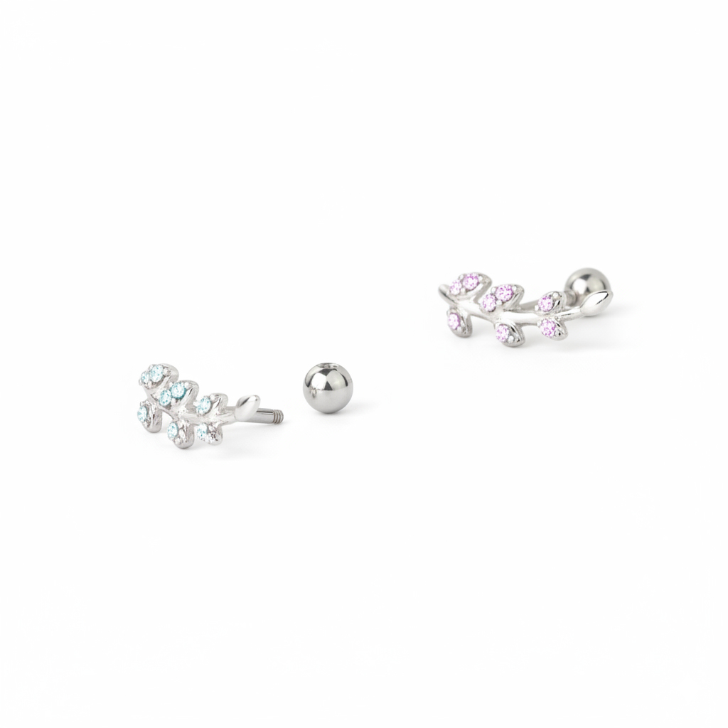 Barra per orecchio con foglie tempestate di pietre