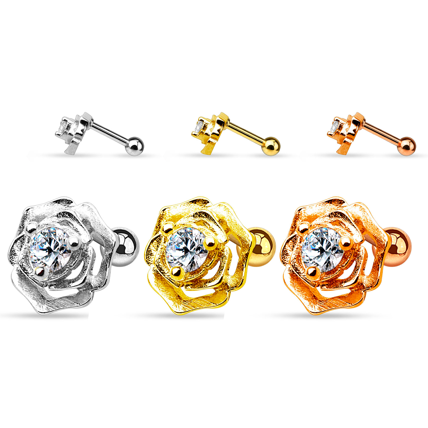 Piercing all'orecchio con rosa e pietra