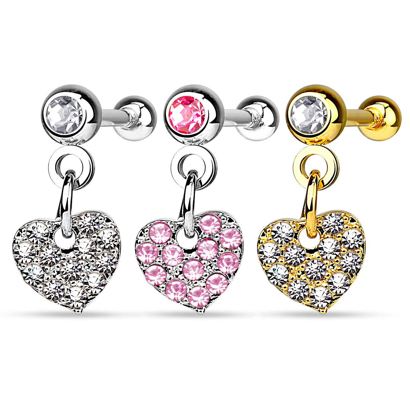 Piercing all'orecchio con pendente a cuore ricoperto di pietre