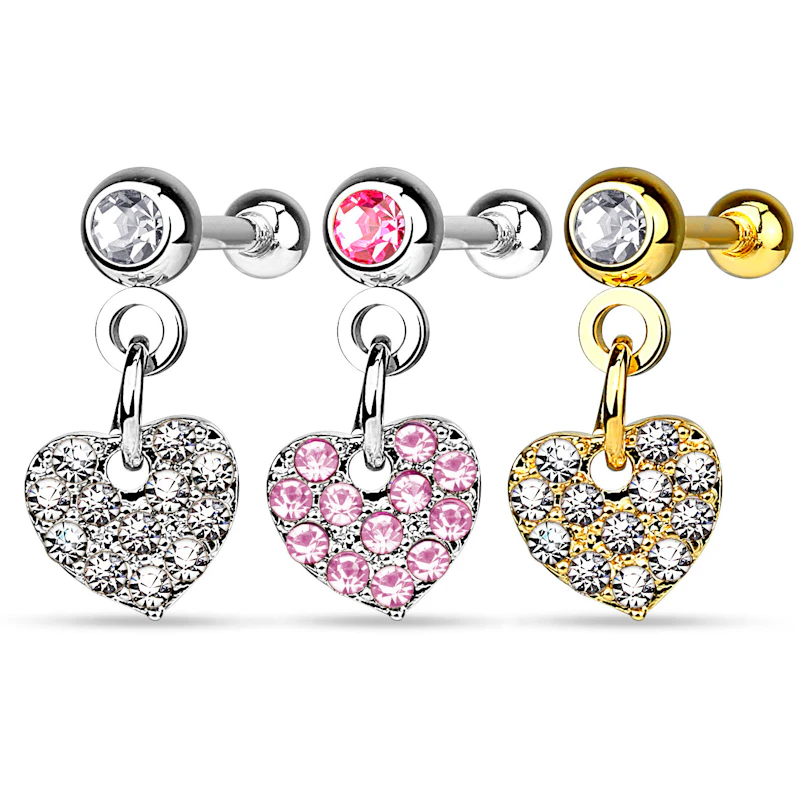 Piercing all'orecchio con pendente a cuore ricoperto di pietre