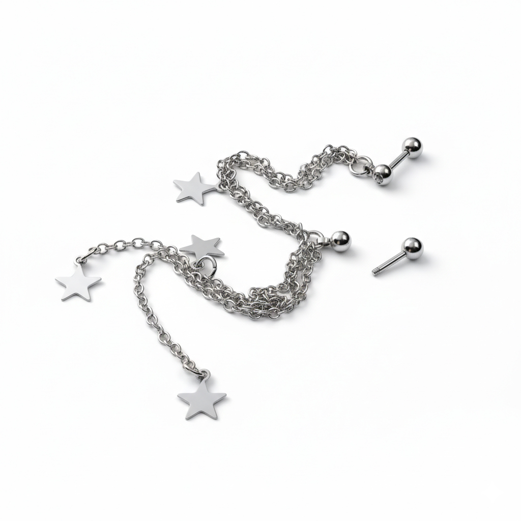 Piercing tragus e helix con stesse e catene