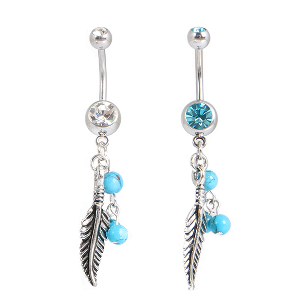 Piercing all'ombelico con sfere turquoise e pendente a foglia