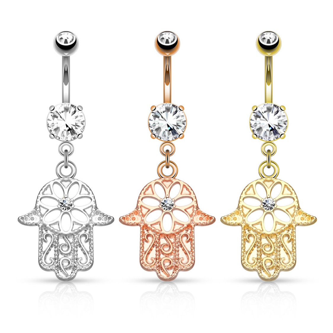 Piercing all'ombelico con pendente a hamsa e pietra
