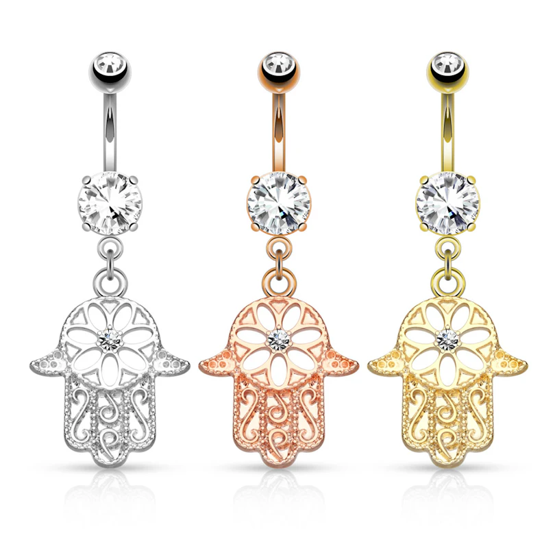 Piercing all'ombelico con pendente a hamsa e pietra