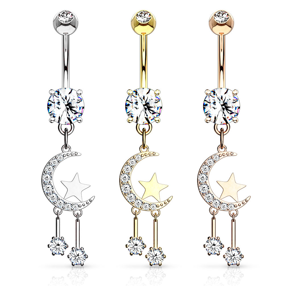 Piercing all'ombelico con pendente con mezzaluna e stelle