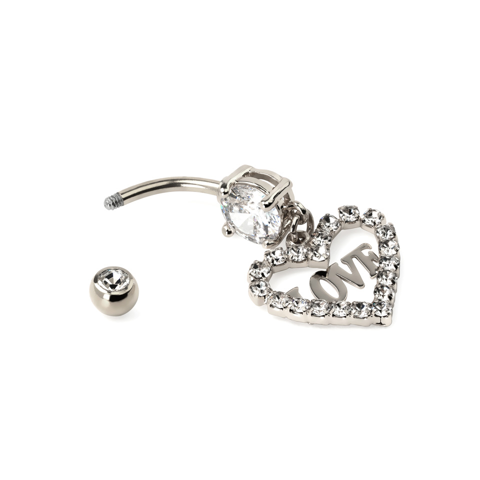 Barra per ombelico con cuore tempestato di pietre e scritta love