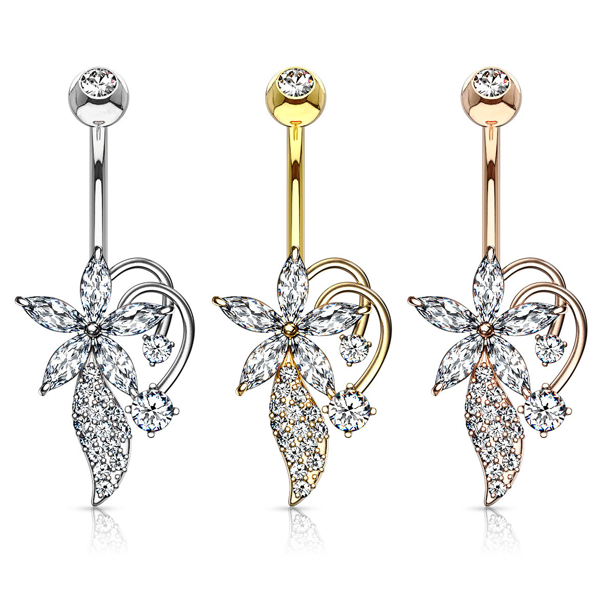 Piercing all'ombelico con fiore tempestato di pietre taglio marquise