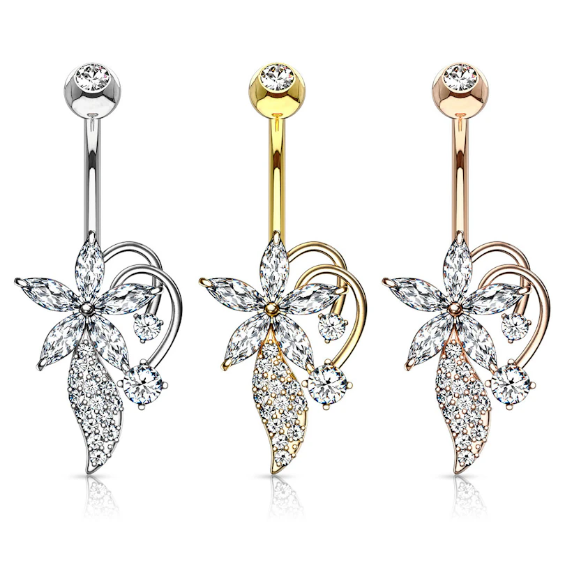Piercing all'ombelico con fiore tempestato di pietre taglio marquise