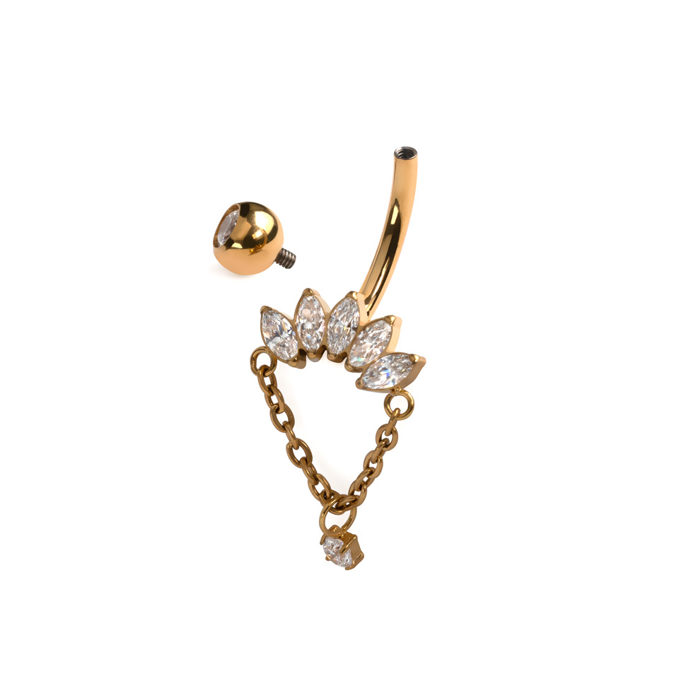 Barra per ombelico in titanio con pietre taglio marquise e ciondolo