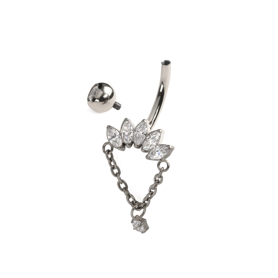 Barra per ombelico in titanio con pietre taglio marquise e ciondolo