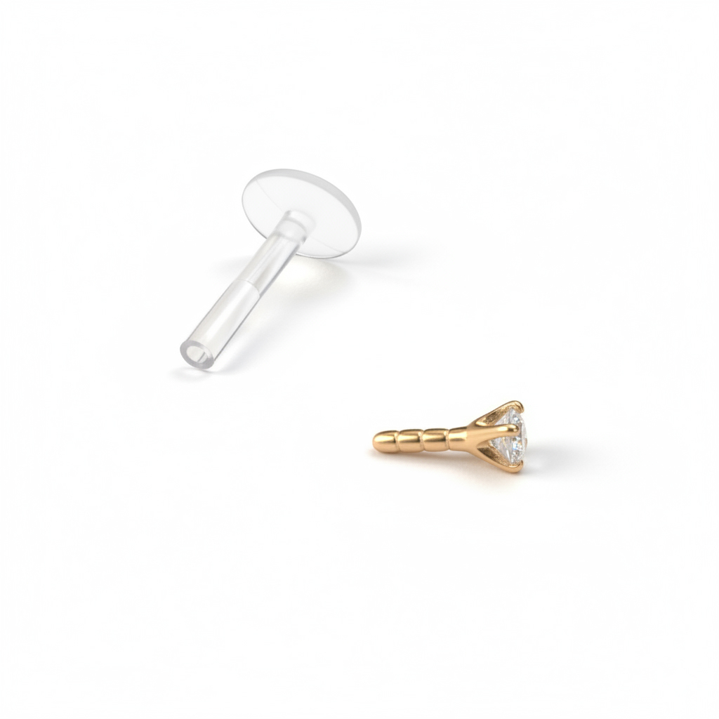Labret d'oro 14 carati con pietra rotonda e barra di ptfe