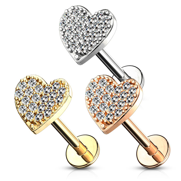 Labret con filettatura interna e cuore tempestato di pietre