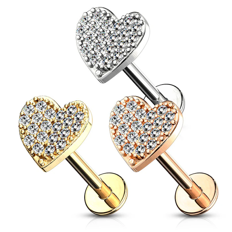 Labret con filettatura interna e cuore tempestato di pietre