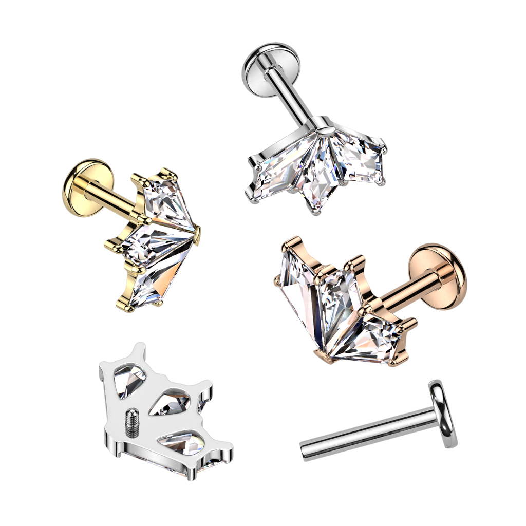 Labret in titanio con trio di pietre dal design vintage a ventaglio