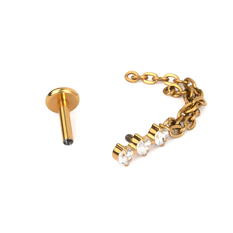 Labret in titanio con trio di pietre e doppia catenella pendente
