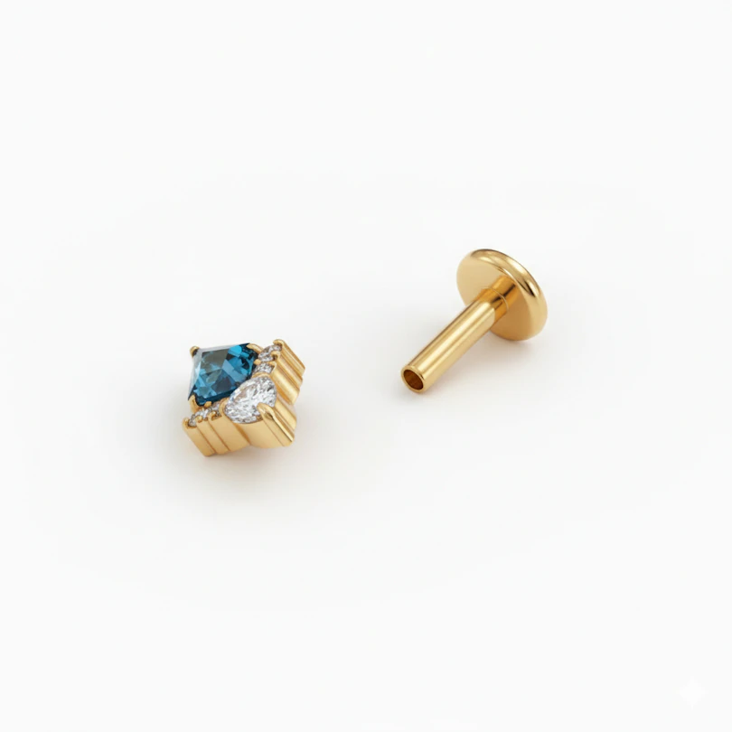 Labret in titanio a forma di diamante con pietra blu