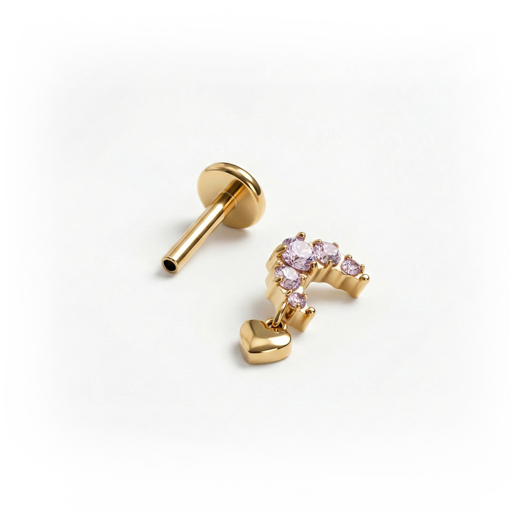 Labret in titanio con luna e pietre rosa