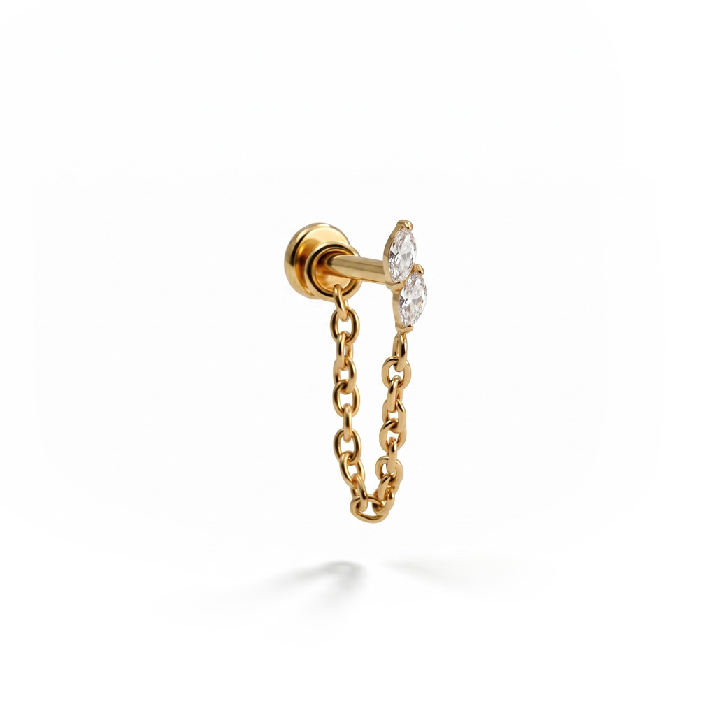 Labret in titanio con doppia pietra marquise e catenina