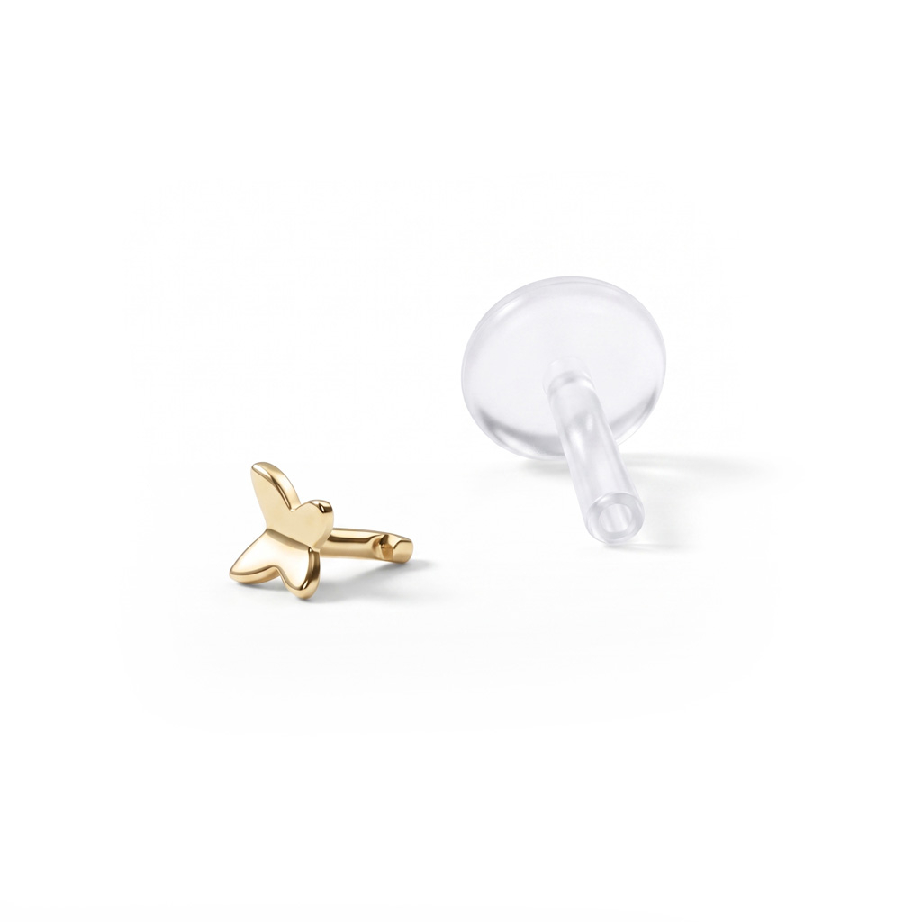 Labret con farfalla in oro 14K e barra in PTFE