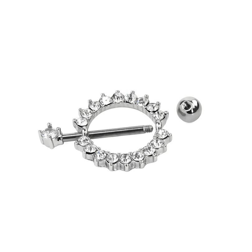 Piercing al capezzolo con scudo tondo e pietre trasparenti