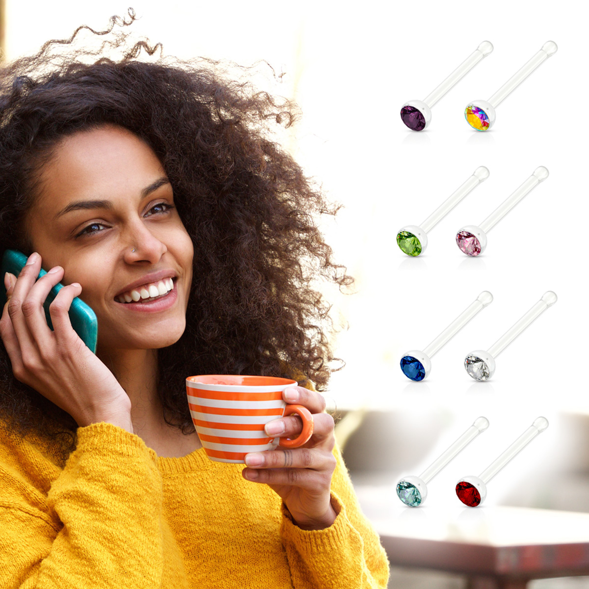 Pacco di barre da naso in acrilico con pietre in 8 colori diversi