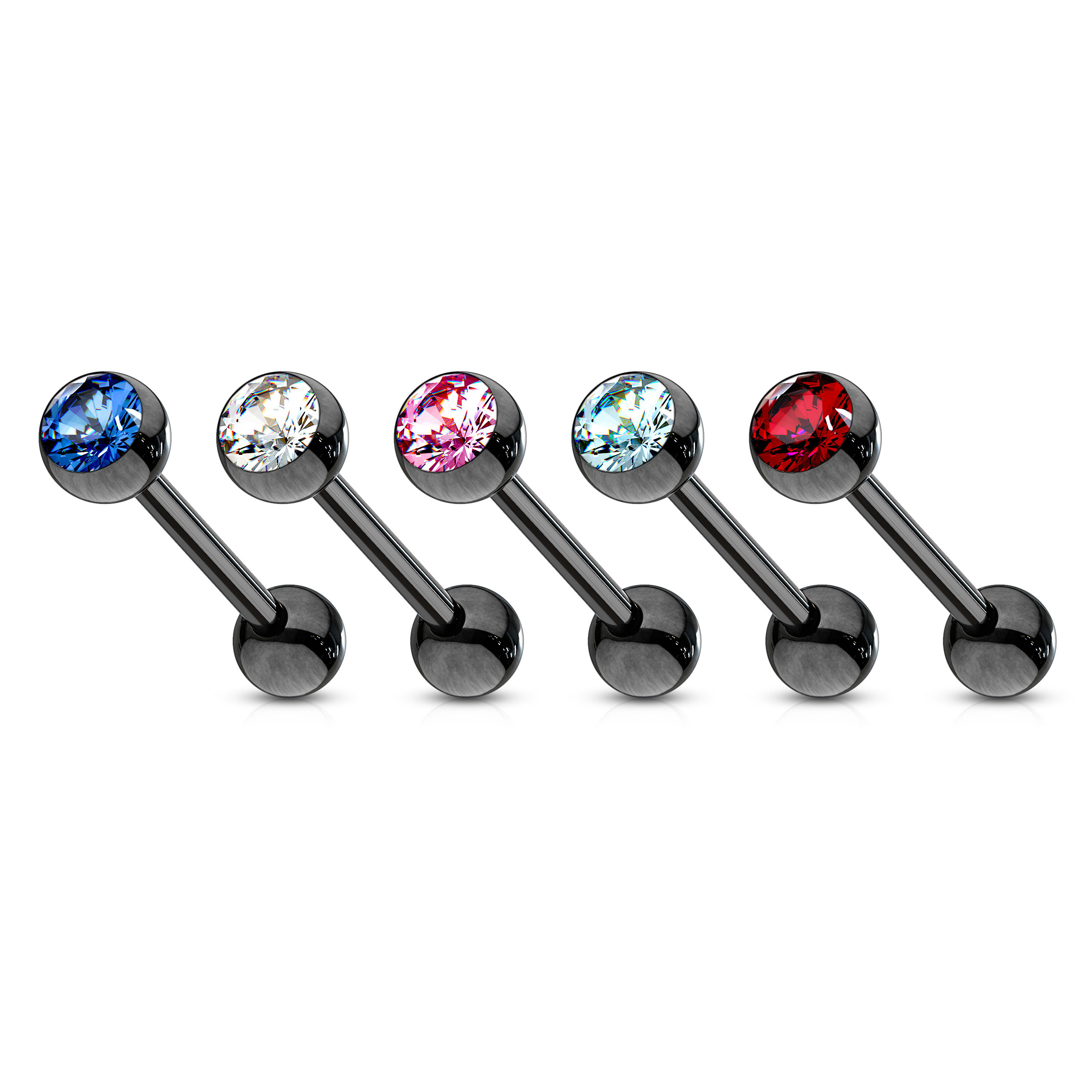 Barra per lingua nera con pietre di diversi colori