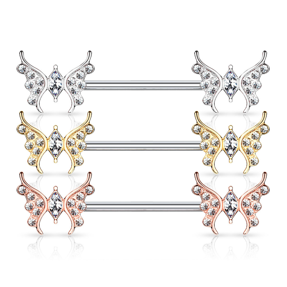 Barra per capezzolo con farfalle decorate con pietre